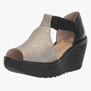 Fly London Metallic Beige and Black Peep-Toe Wedge Sandal